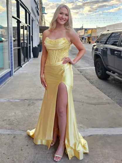 Light Blue Mermaid Strapless Applique Sweep Train Prom Dress with Slit