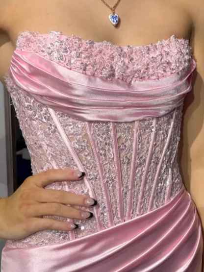 Light Blue Mermaid Strapless Applique Sweep Train Prom Dress with Slit