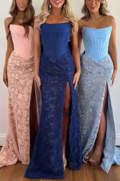 Red Lace Mermaid Strapless Long Corset Prom Dress with Bow