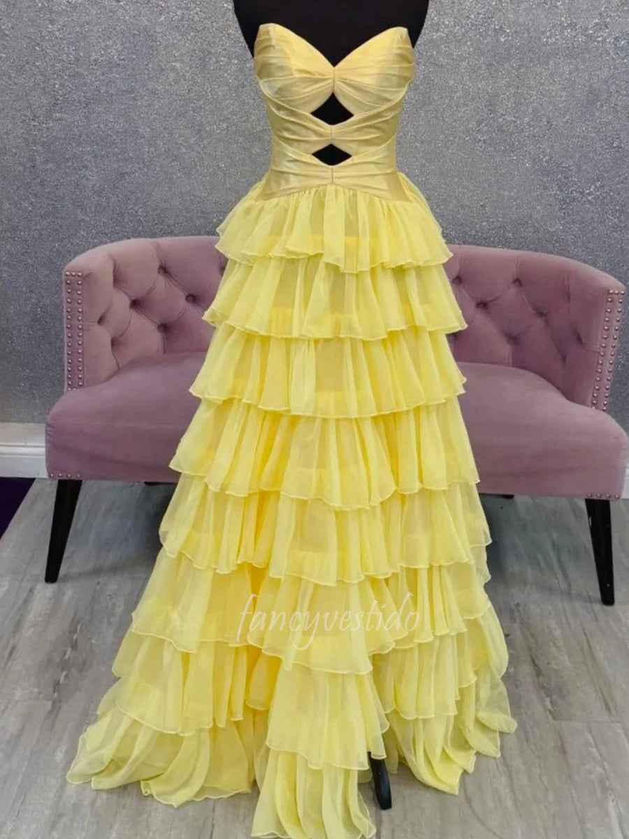 Hot Pink Strapless Cutout Tiered Ruffle Long Prom Dress with Slit