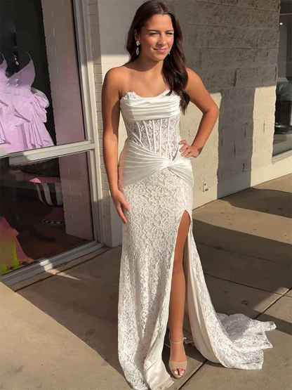 Light Blue Satin Lace Floral Corset Mermaid Long Prom Dress