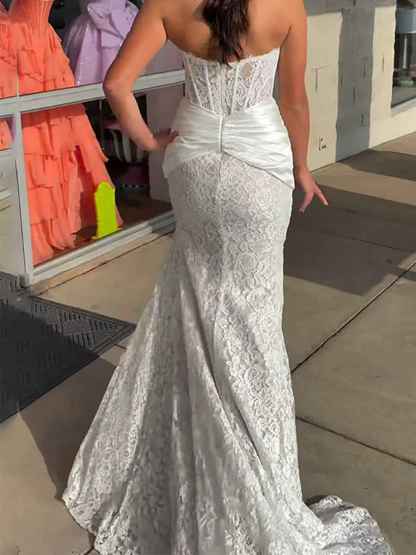 Light Blue Satin Lace Floral Corset Mermaid Long Prom Dress