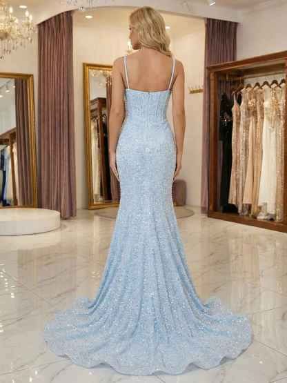 Light Blue Spaghetti Straps Mermaid Long Prom Dress with Beading