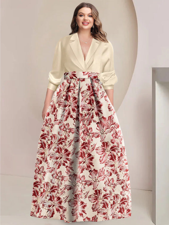 Printed Flower Plus Size A-Line/Princess Shirt Collar Mother of the Bride & Groom Dresses with 3/4 Sleeves