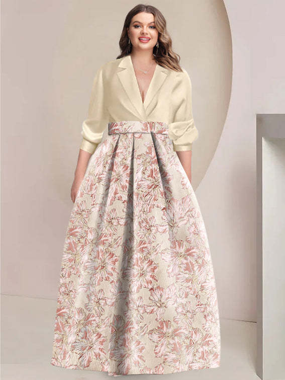 Printed Flower Plus Size A-Line/Princess Shirt Collar Mother of the Bride & Groom Dresses with 3/4 Sleeves
