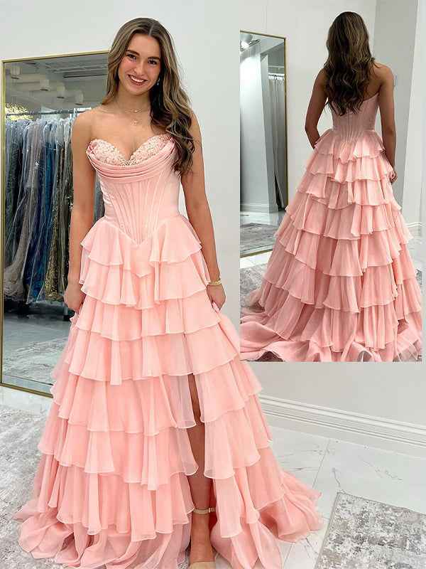 Yellow A Line Strapless Satin Corset Long Prom Dress with Ruffle Skirt
