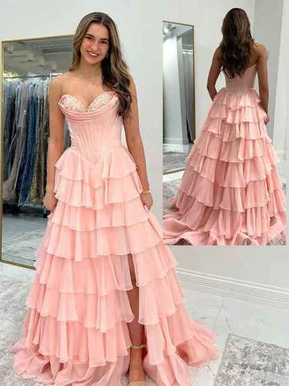 Yellow A Line Strapless Satin Corset Long Prom Dress with Ruffle Skirt
