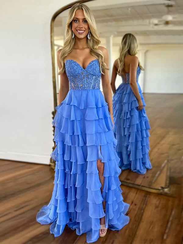 Light Blue A-Line Sweetheart Long Tiered Prom Dress with Slit