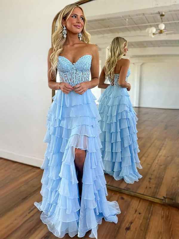 Light Blue A-Line Sweetheart Long Tiered Prom Dress with Slit