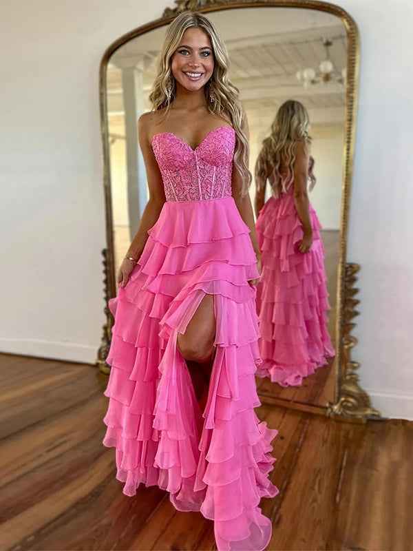 Light Blue A-Line Sweetheart Long Tiered Prom Dress with Slit