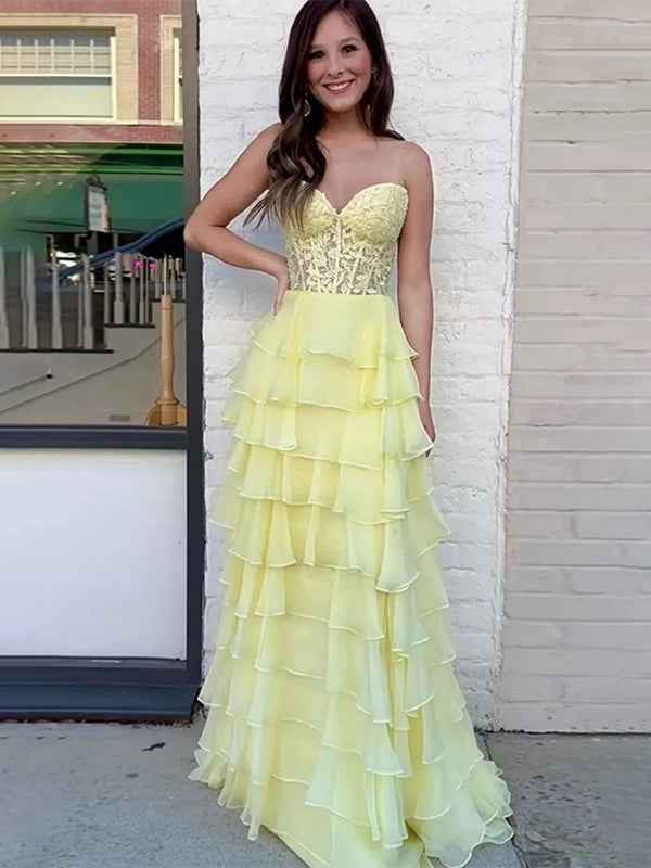 Light Blue A-Line Sweetheart Long Tiered Prom Dress with Slit