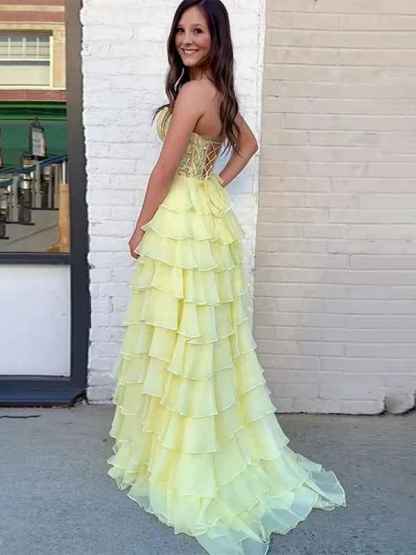 Light Blue A-Line Sweetheart Long Tiered Prom Dress with Slit