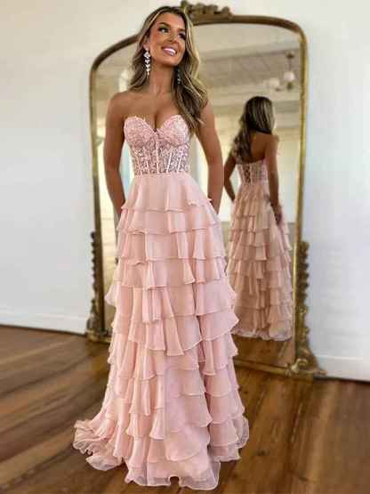 Light Blue A-Line Sweetheart Long Tiered Prom Dress with Slit