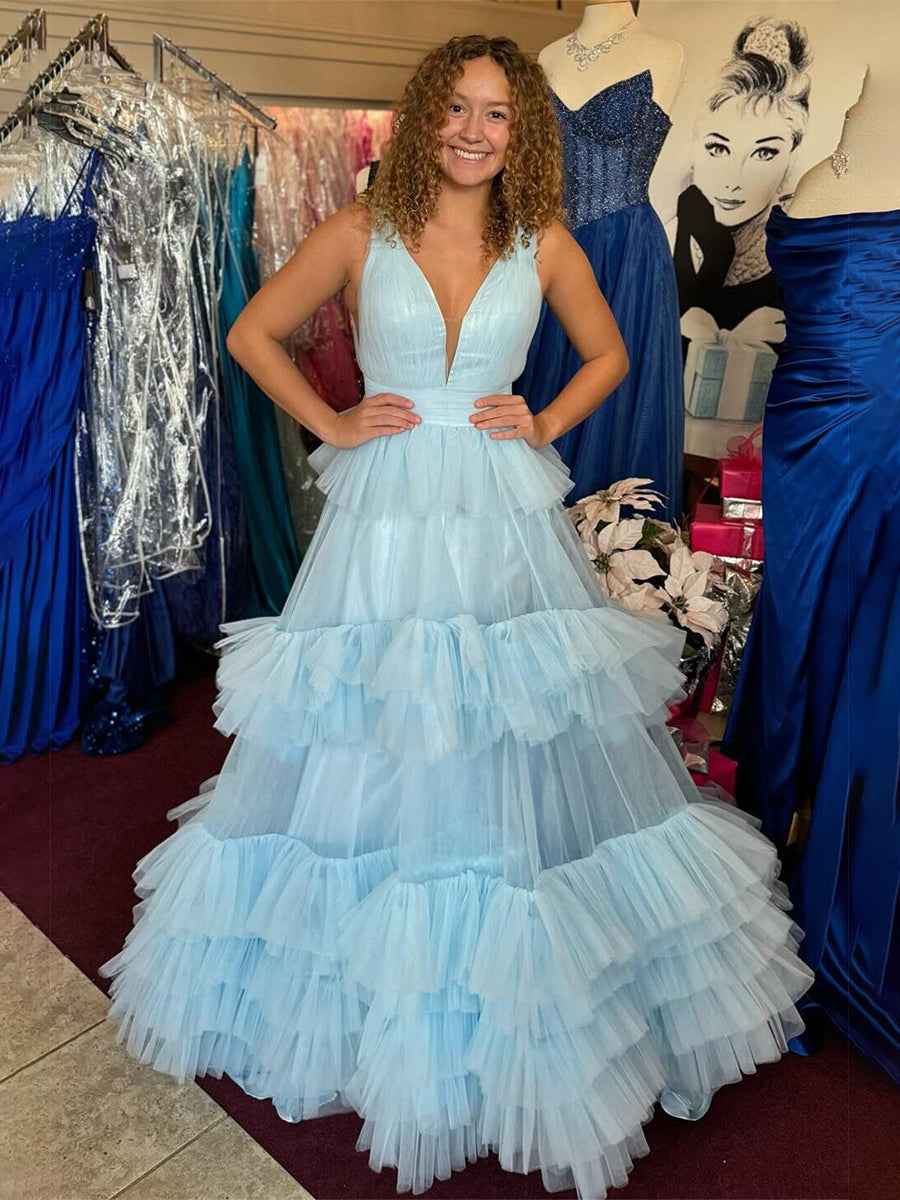 Light Blue A Line Tiered Ruffle Tulle Long Prom Dress
