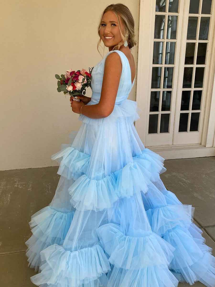 Light Blue A Line Tiered Ruffle Tulle Long Prom Dress