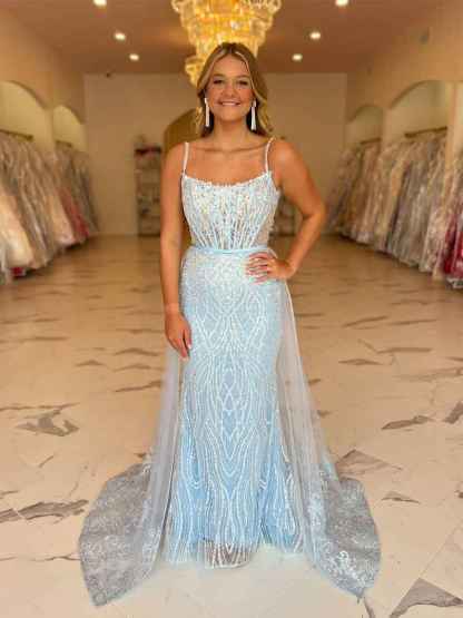 Light Blue Beaded Long Corset Prom Dress with Tulle Train