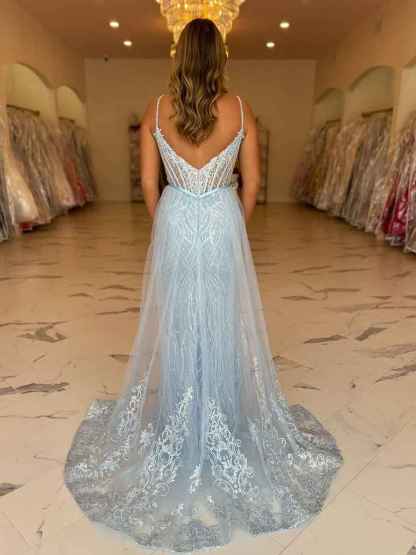 Light Blue Beaded Long Corset Prom Dress with Tulle Train