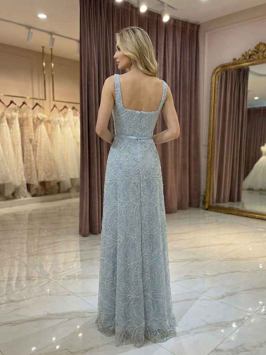 Light Blue Beaded Square Neck A-Line Long Prom Dress