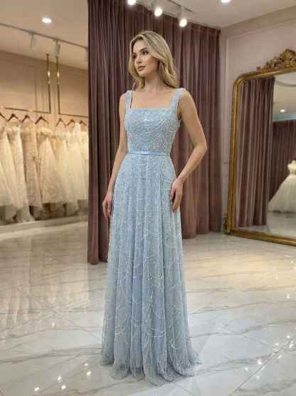 Light Blue Beaded Square Neck A-Line Long Prom Dress