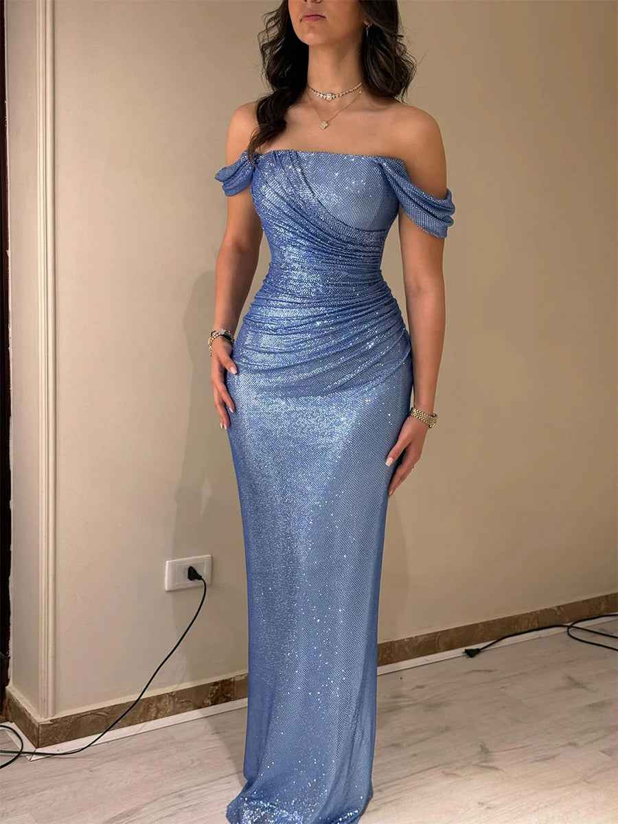 Light Blue Mermaid Off-Shoulder Ruched Long Prom Dress