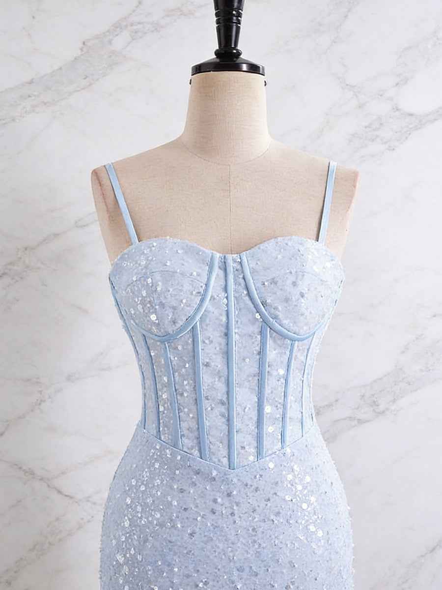Light Blue Spaghetti Straps Mermaid Long Prom Dress with Beading