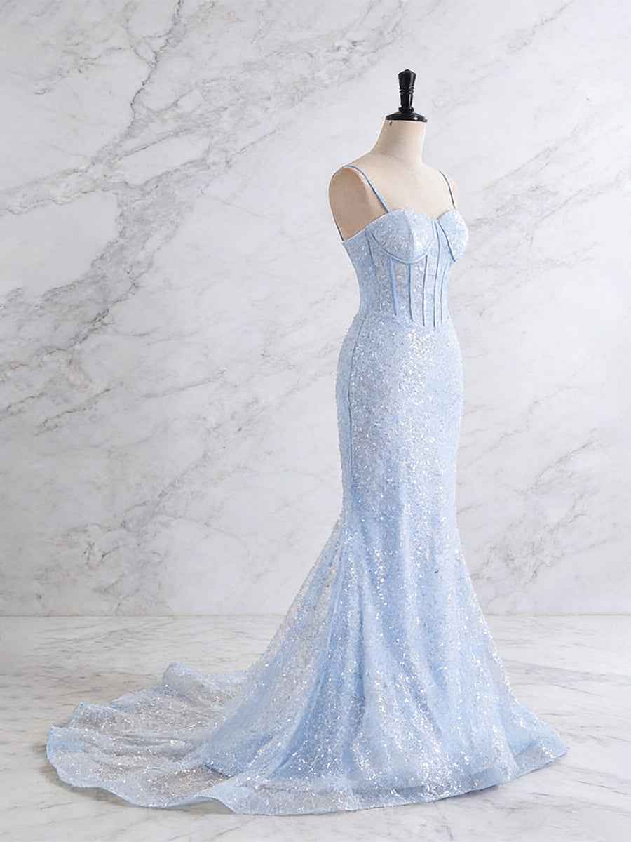 Light Blue Spaghetti Straps Mermaid Long Prom Dress with Beading
