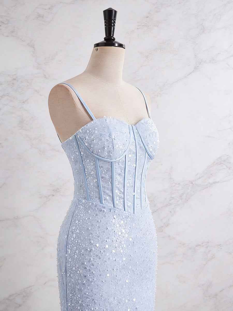 Light Blue Spaghetti Straps Mermaid Long Prom Dress with Beading