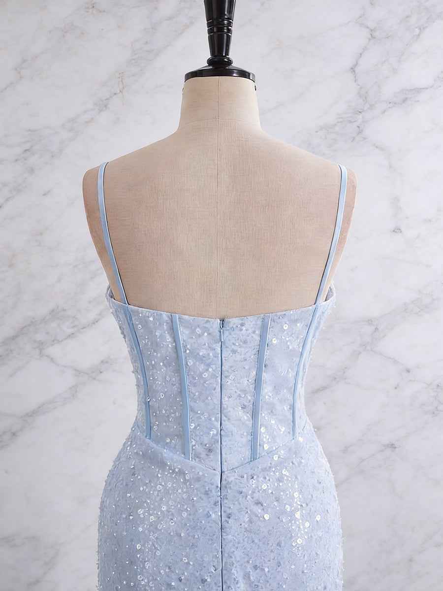 Light Blue Spaghetti Straps Mermaid Long Prom Dress with Beading