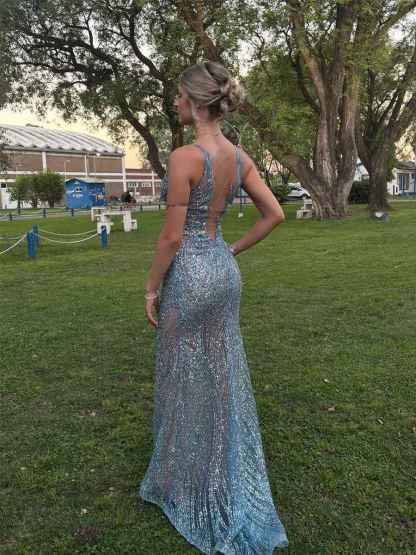 Light Blue Patterned Sequin Deep V-Neck Long Prom Dress