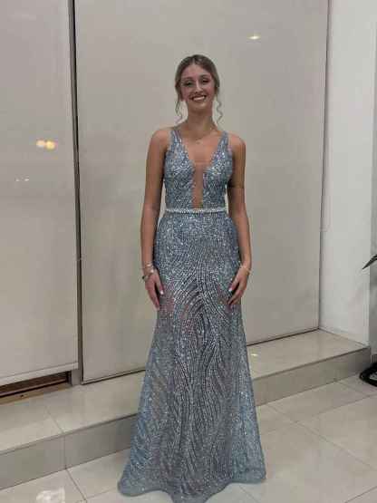 Light Blue Patterned Sequin Deep V-Neck Long Prom Dress