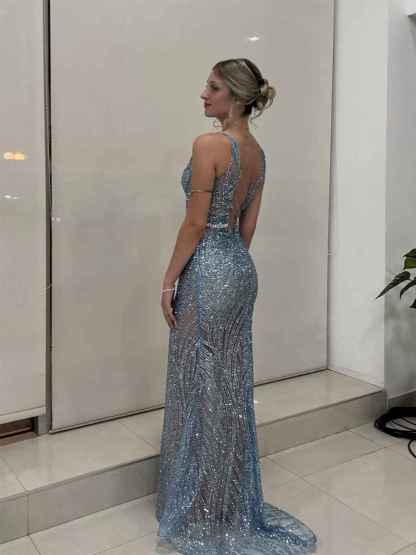 Light Blue Patterned Sequin Deep V-Neck Long Prom Dress