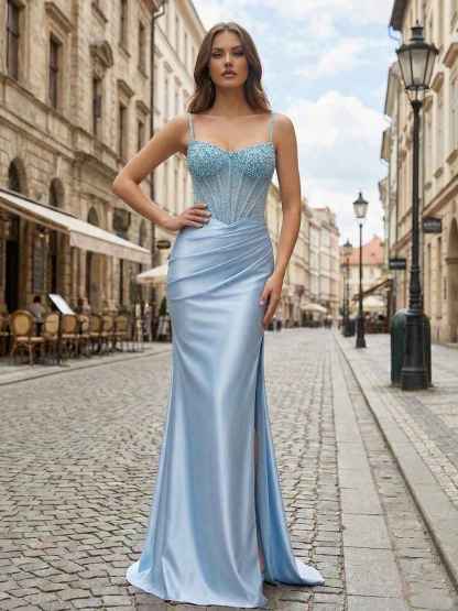 Light Blue Pearl Beaded Corset Satin Prom Dress with Slit