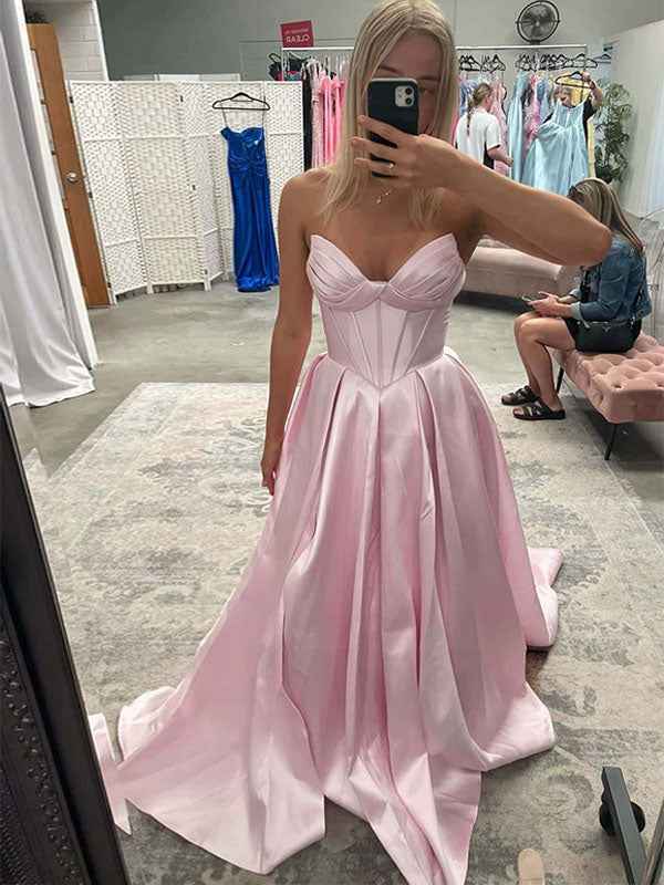 Light Blue Satin Corset A-Line Long Prom Dress with Slit