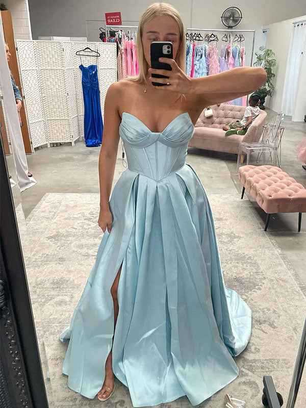 Light Blue Satin Corset A-Line Long Prom Dress with Slit