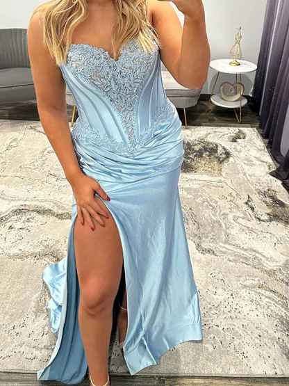 Light Blue Satin Lace Applique Corset Prom Dress with Slit