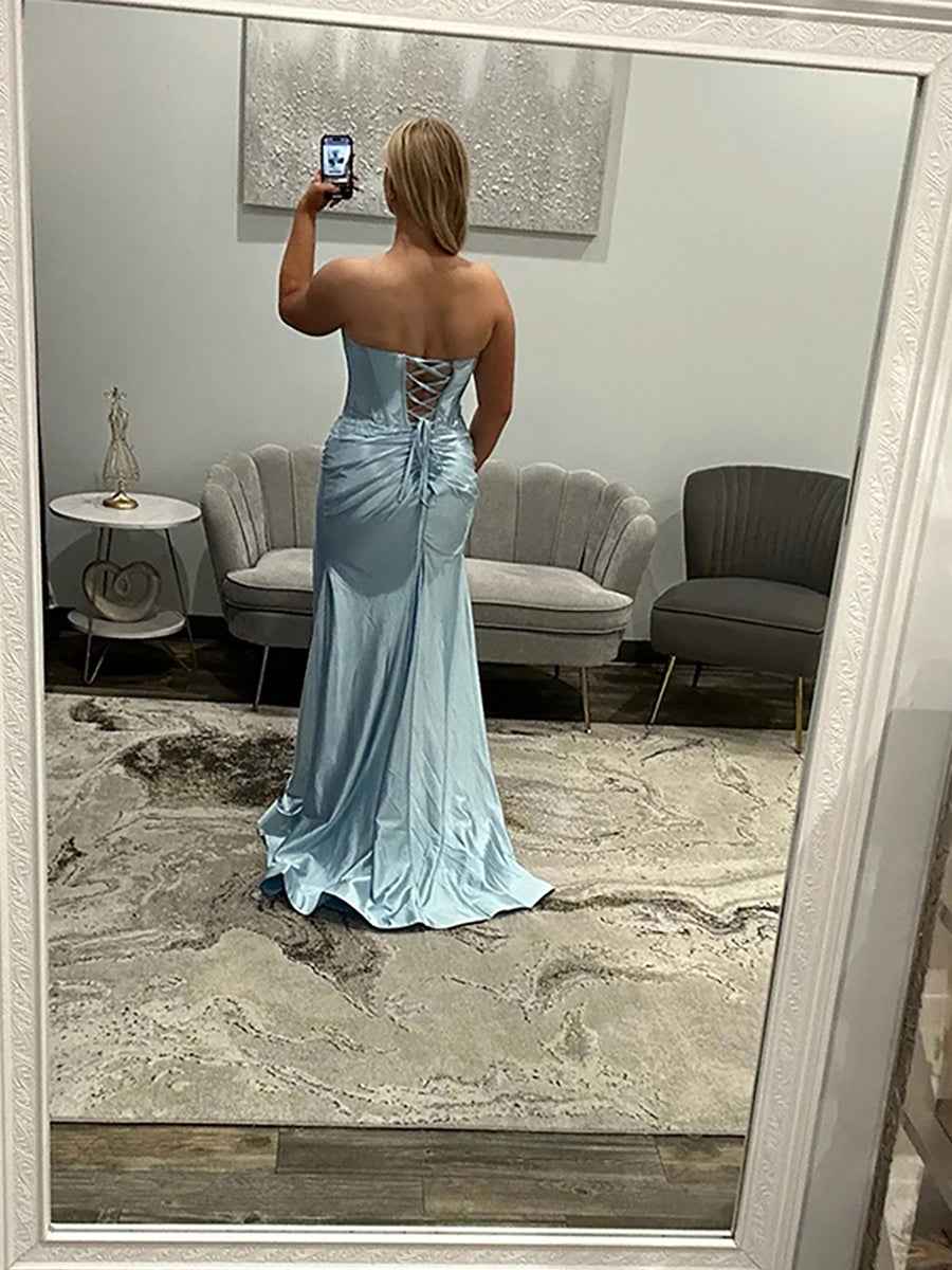 Light Blue Satin Lace Applique Corset Prom Dress with Slit