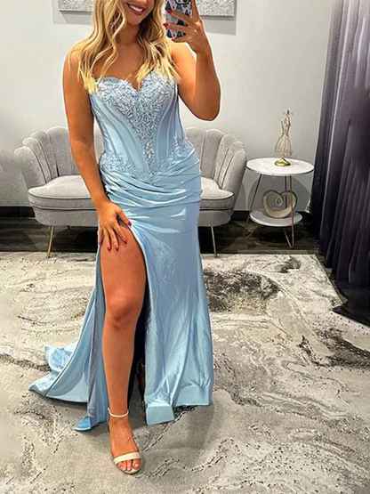 Light Blue Satin Lace Applique Corset Prom Dress with Slit