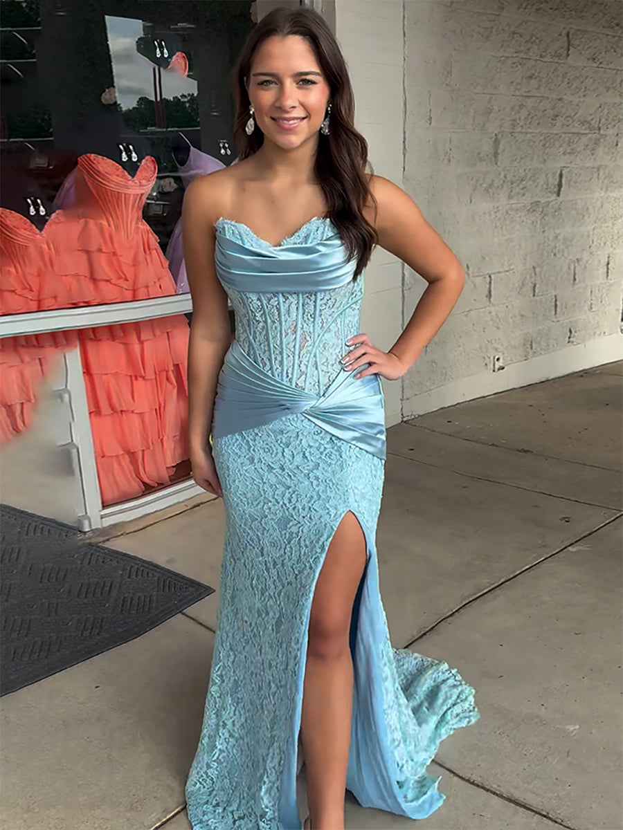 Light Blue Satin Lace Floral Corset Mermaid Long Prom Dress