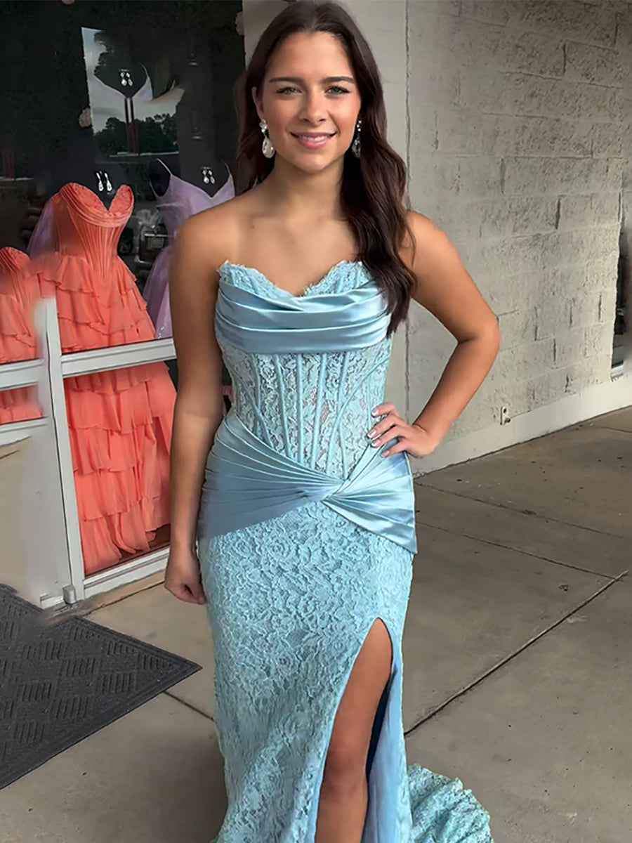 Light Blue Satin Lace Floral Corset Mermaid Long Prom Dress