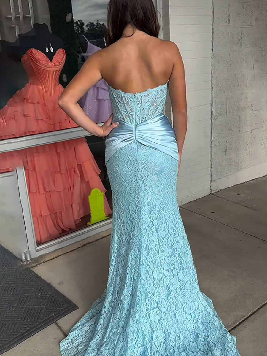 Light Blue Satin Lace Floral Corset Mermaid Long Prom Dress