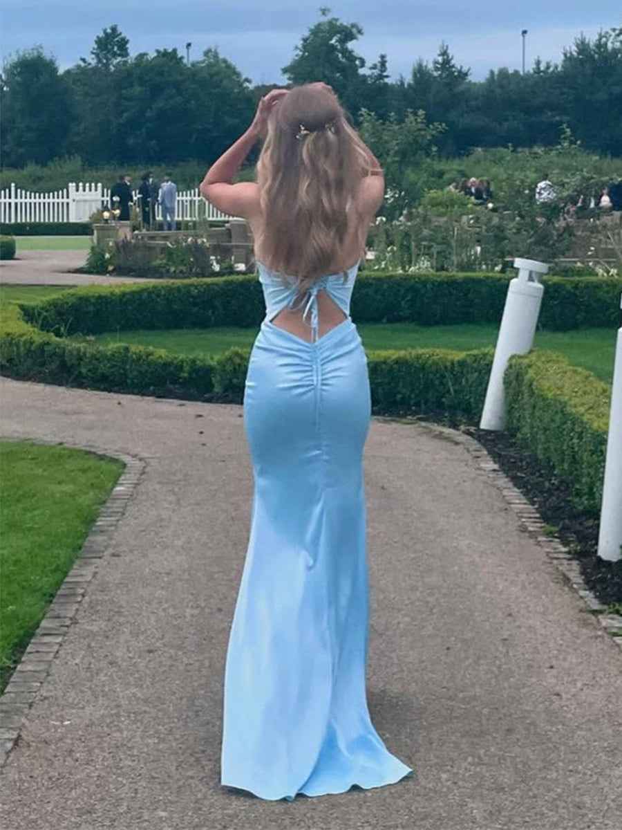 Light Blue Satin V-Neck Mermaid Long Prom Dress