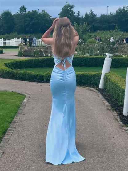 Light Blue Satin V-Neck Mermaid Long Prom Dress
