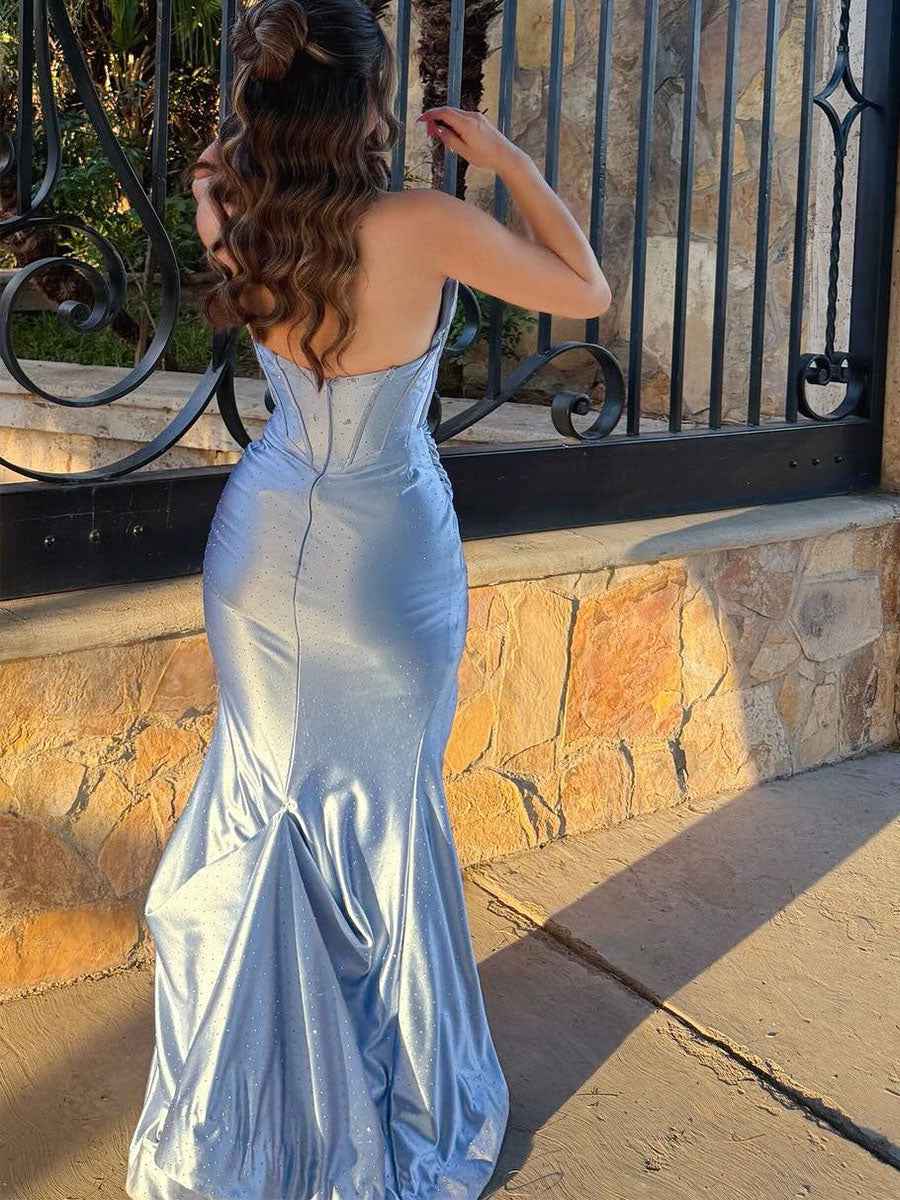 Light Blue Shimmer Heavy Crystal Neckline Corset Prom Dress with High Slit