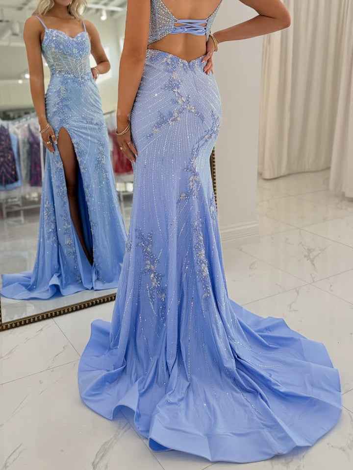 Light Blue Spaghetti Straps Beaded Corset Prom Dress with Slit