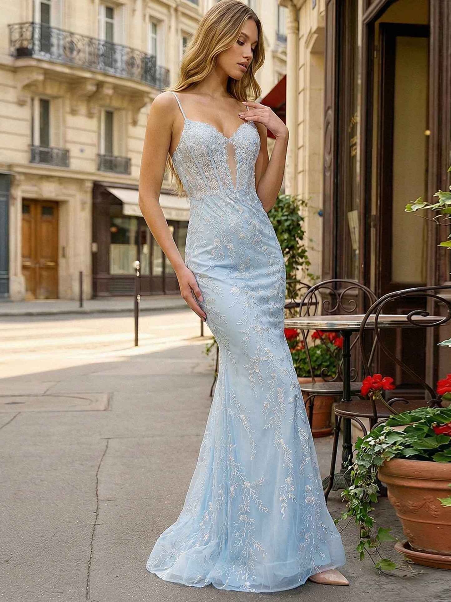 Light Blue Spaghetti Straps Floral Applique| Corset Mermaid Prom Dress