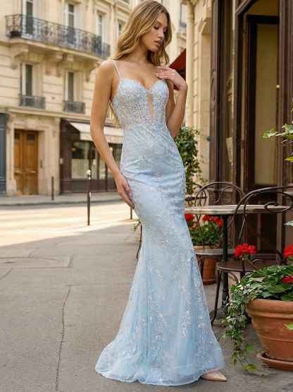 Light Blue Spaghetti Straps Floral Applique| Corset Mermaid Prom Dress