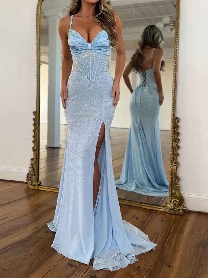 Light Blue Spaghetti Straps Lace-Up Corset Prom Dress with Slit