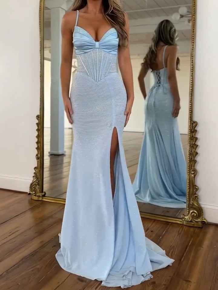 Light Blue Spaghetti Straps Lace-Up Corset Prom Dress with Slit