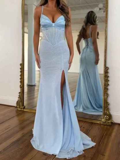 Light Blue Spaghetti Straps Lace-Up Corset Prom Dress with Slit