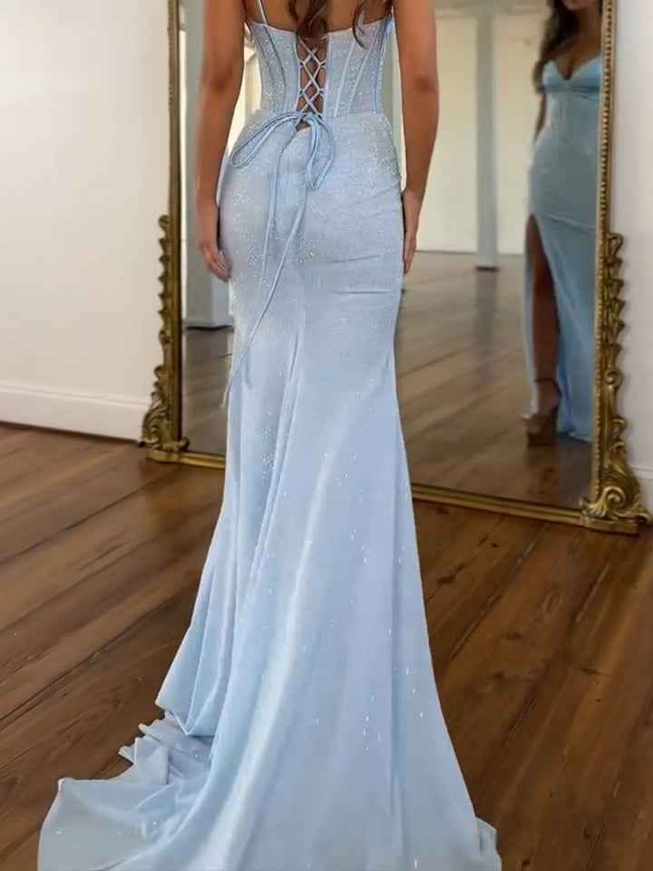 Light Blue Spaghetti Straps Lace-Up Corset Prom Dress with Slit